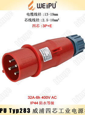 WEIPU TYP283四芯3P+E工业电源公套筒 32A 400V 最大线径：10mm²