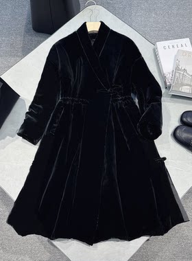2026新款中式国潮民族风桑蚕丝真丝绒收腰大摆长款棉衣棉服大衣女