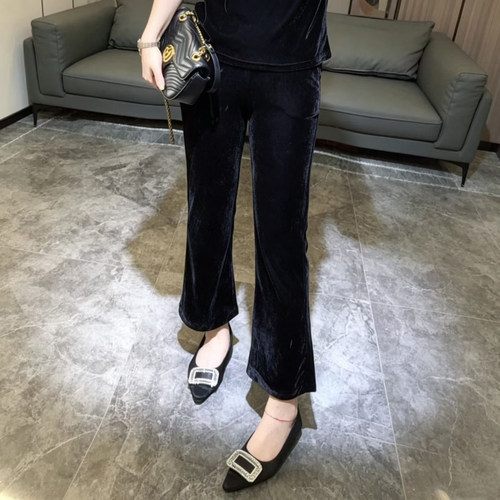 欧洲站2026新款时尚百搭修身显瘦弹力丝绒微喇裤9分裤女