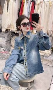 欧洲站2026春新款翻领泡泡袖重工刺绣牛仔衬衫上衣女