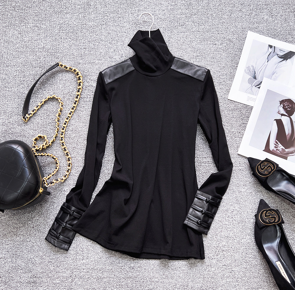 欧洲站秋冬新款中式国潮民族风拼真皮高领长袖修身百搭T恤打底衫