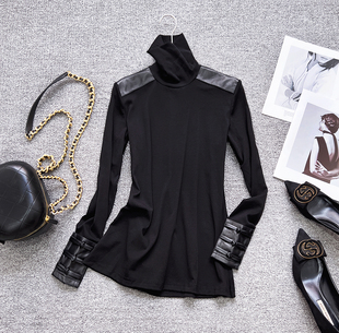 百搭T恤打底衫 欧洲站秋冬新款 修身 国潮民族风拼真皮高领长袖 中式