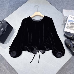 欧洲站2025新款时尚高端桑蚕丝真丝绒圆领美背泡泡袖衬衫上衣女