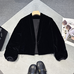 欧洲站2026秋冬新款休闲宽松蝙蝠袖真丝绒V领棉衣棉服外套女