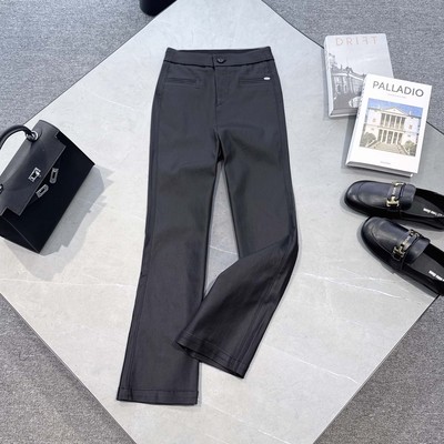 欧洲站2025秋冬时尚百搭弹力修身仿皮裤亮面涂层裤直筒烟管裤9分