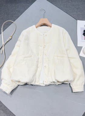 欧洲站2026秋冬新款休闲宽松真丝绒圆领简洁百搭棉衣棉服夹克外套