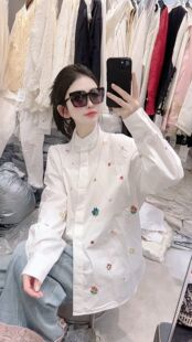 欧洲站2026春新款休闲宽松立领重工钉珠衬衫上衣女