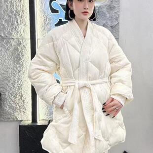 欧洲站冬季新款真丝丝绒中长款侧开叉汉服式羽绒服女