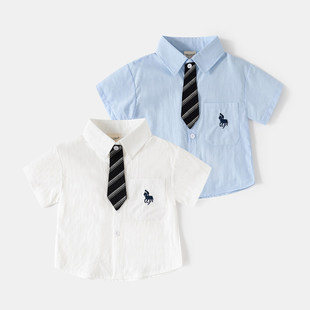 男童短袖白衬衫领带纯棉2026新款童装中小童夏季宝宝上衣儿童衬衣
