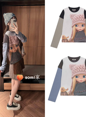 somi家 韩国直邮 COYSEIO X BLYTHE联名款卡通假两件条纹长袖T恤