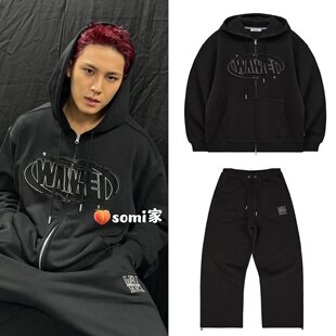somi家 韩国直邮waikei复古字母贴布拉链卫衣卫裤套装 金珉奎同款