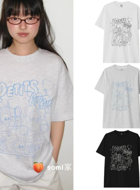 somi家 韩国直邮RONRON品牌学院风可爱猫咪印花宽松休闲短袖T恤女