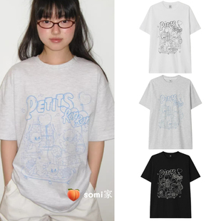 somi家 韩国直邮RONRON品牌学院风可爱猫咪印花宽松休闲短袖T恤女