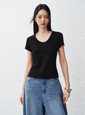 商场同款2026春款女装简约纯色上衣休闲U领正肩短袖T恤A1CNG2160