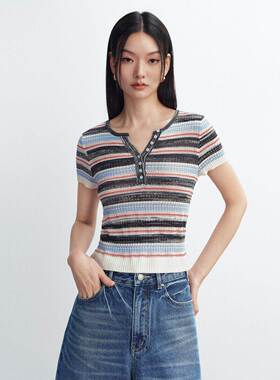 商场同款26夏装新款女装多巴胺亚麻混纺条纹短袖针织衫A3EEG2308