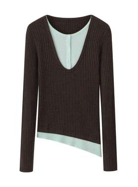 商场同款2026春装新款女装假两件V领针织衫显瘦长袖上衣A1EEG1126