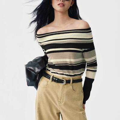 商场同款2026春新款显瘦百搭一字肩条纹线套衫露肩毛衣A3EEG1125