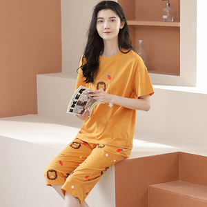 睡衣女夏季纯棉薄款短袖七分裤可爱外穿夏天家居服网红风两件套装