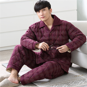 男士睡衣冬季加厚里外纯棉布夹棉秋冬款保暖三层加棉家居棉服套装