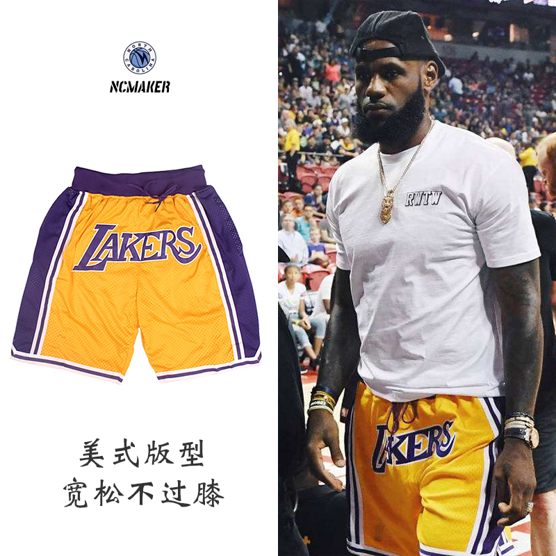 老詹同款美式篮球小短裤不过膝湖人队詹姆斯透气运动裤lakers刺绣