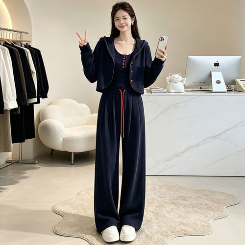 小香风连帽短卫衣吊带休闲运动三件套女秋季显瘦垂感阔腿裤一整套