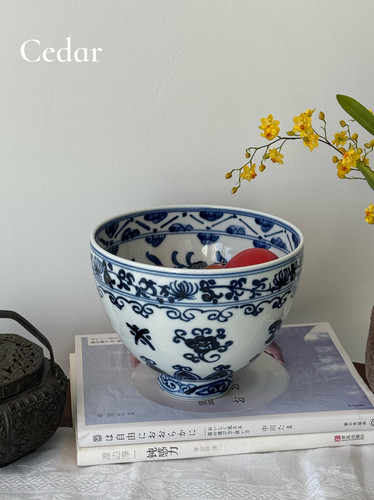cedar景德镇手绘釉下彩青花高足钵建水笔洗果子钵坚果钵拌面碗