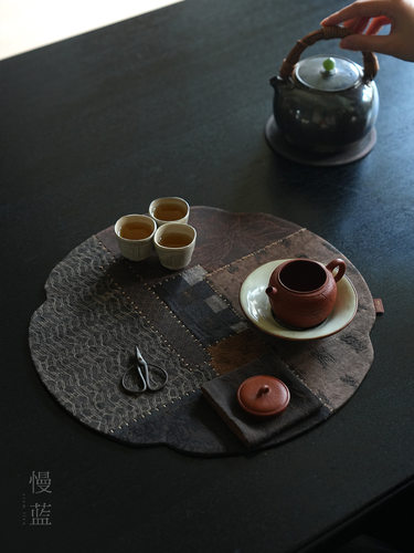 慢蓝 | 香云纱拼接手工茶席茶桌布中式复古家用双面布艺茶桌