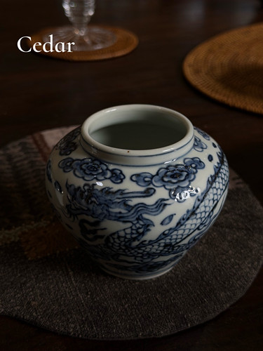 手绘青花龙纹建水笔洗渣斗陶瓷花瓶中式仿古手作摆件仿元青花砂缝