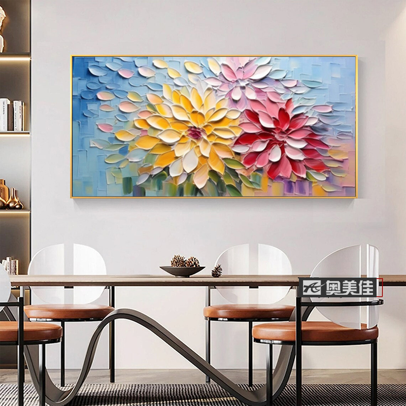 大芬村纯手绘油画小清新抽象花卉客厅装饰画横版肌理立体卧室挂画图片
