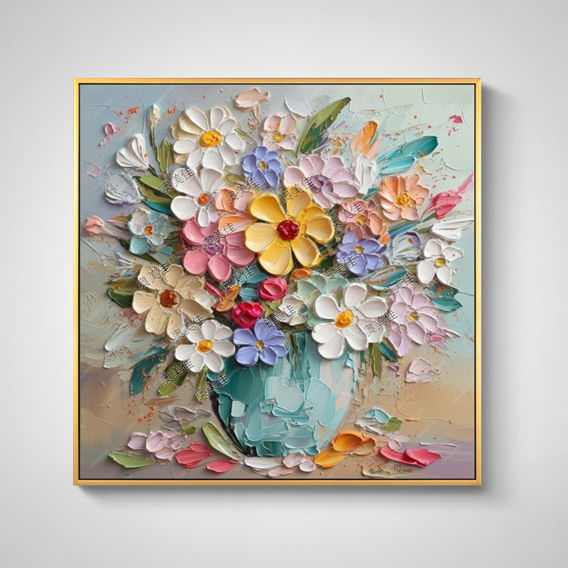 手绘油画现代简约客厅抽象粉色花卉立体装饰画餐厅挂画网红肌理画图片