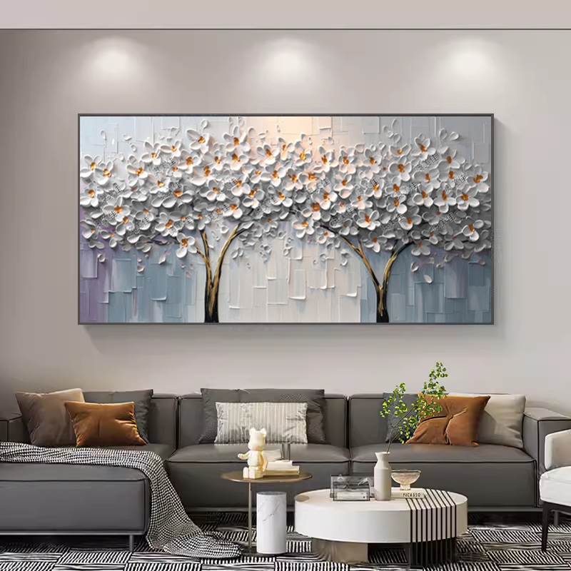 手绘油画客厅装饰画轻奢横幅立体发财树壁画现代简约沙发背景墙画图片