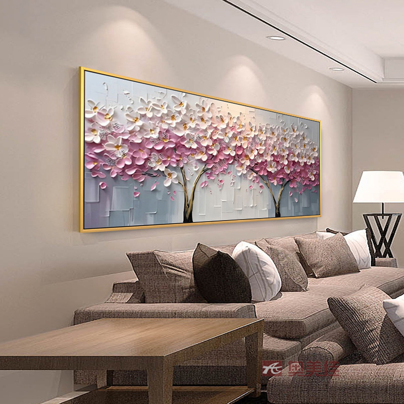 客厅装饰画沙发背景现代轻奢壁画手绘油画酒店别墅发财树立体挂画图片