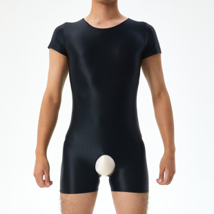 连体紧身衣 短裤 塑身男士 连体衣油亮丝滑高弹运动瑜伽开裆免脱大码