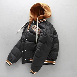美式潮流假两件棉服男冬季加厚刺绣连帽棒球服棉衣宽松棉袄子外套