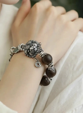 小众设计中古风翡翠如意钱币流苏吞金兽沉香吉牌手链女简约百搭