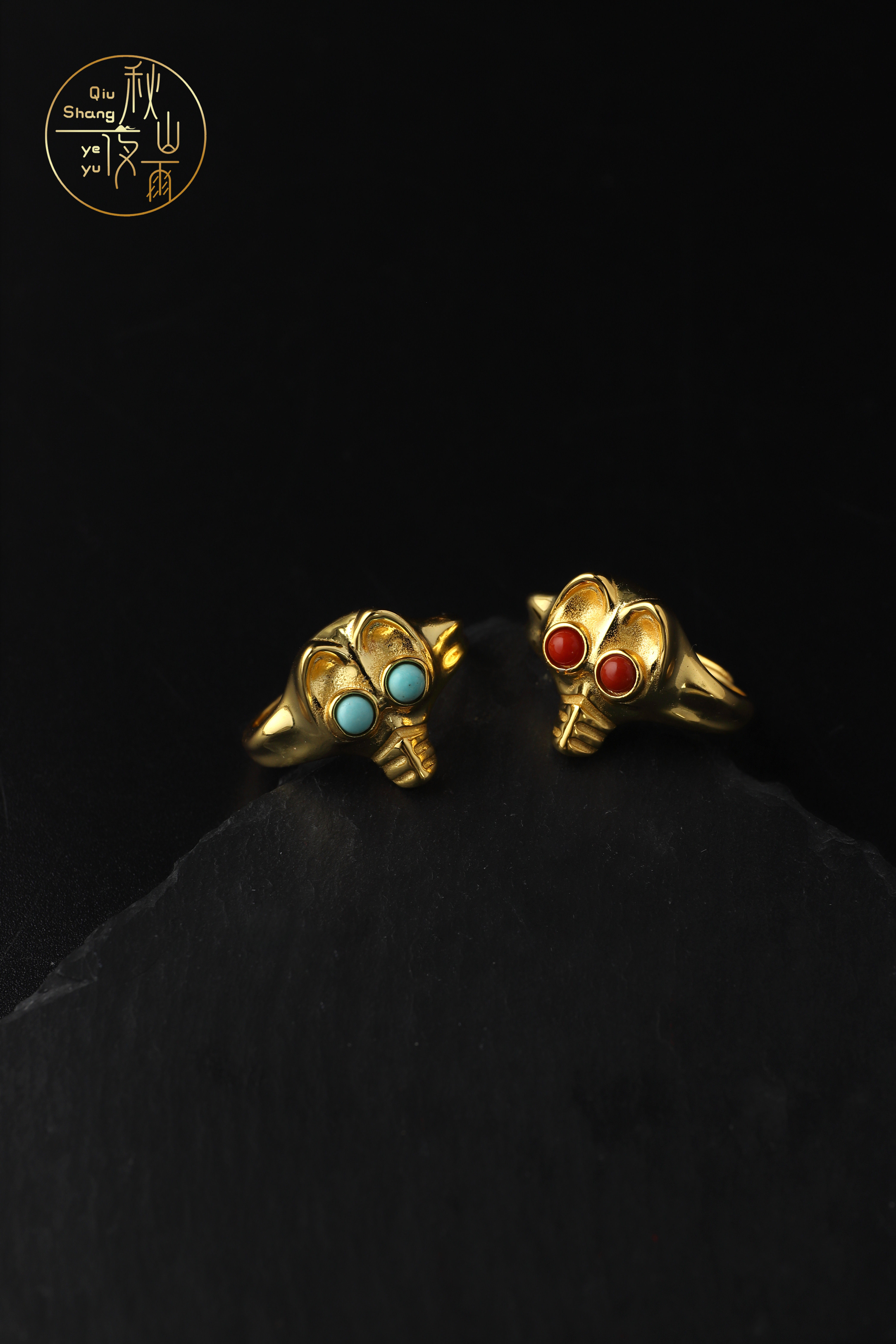 秋山夜雨  北魏复原兽头狼头戒指银饰天然绿松南红古风文创饰品