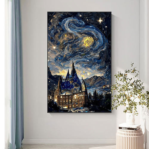 自粘砖石画满钻梵高星空城堡玄关