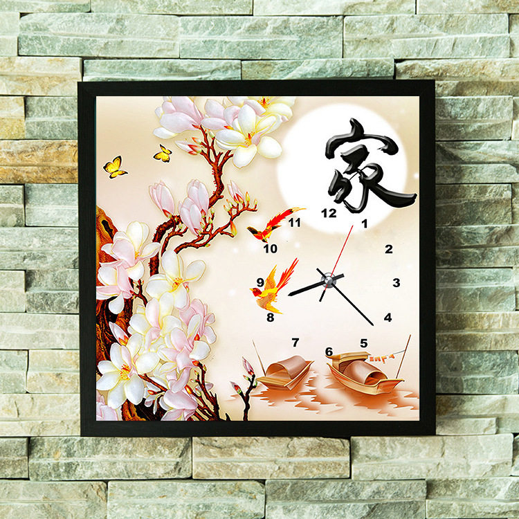 新款钻石画满钻点贴钻石秀十字绣客厅餐厅点砖画家的港湾玉兰挂钟
