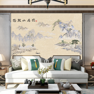独绣刺绣无缝壁布山水悠然山居客厅电视沙发背景墙秀布新中式独秀