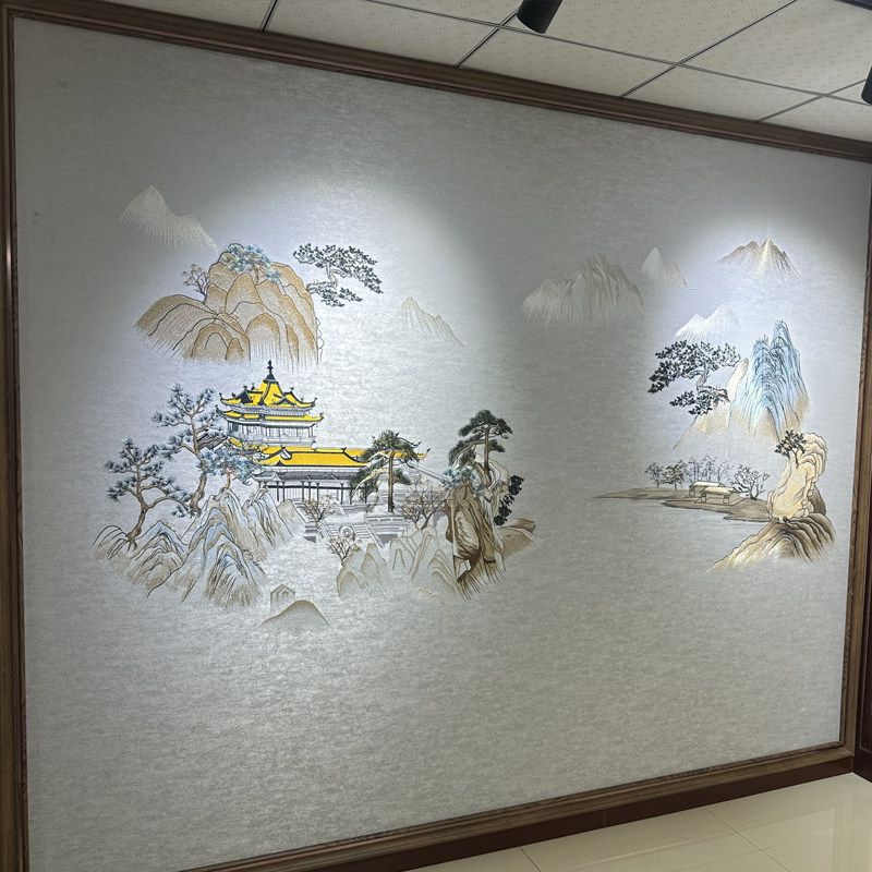 独绣墙布客厅独秀山中阁楼山水客厅电视背景墙床头整幅刺绣壁布