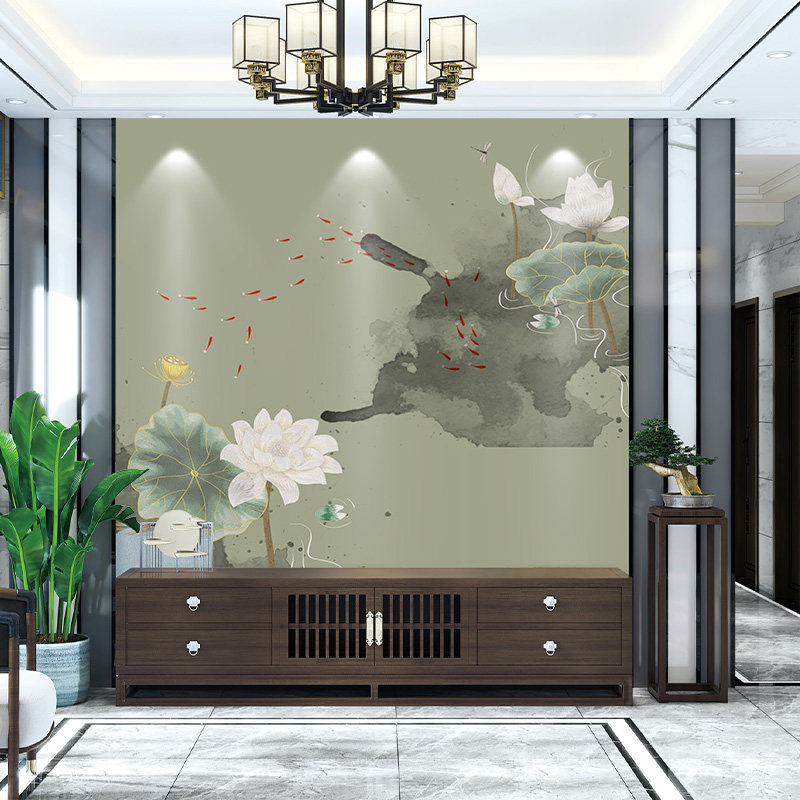 独绣刺绣无缝壁布印加绣荷花客厅电视沙发背景墙布新中式