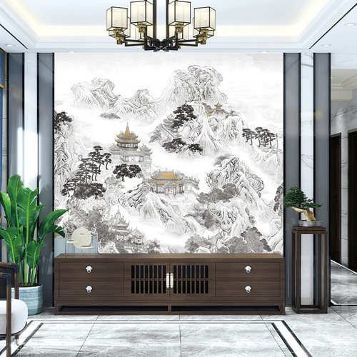 独绣刺绣无缝壁布印加绣山水楼阁客厅电视沙发背景墙布新中式