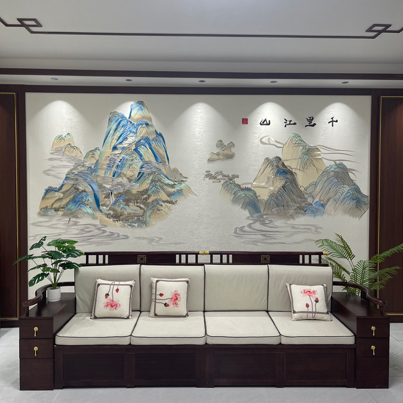 独绣刺绣无缝壁布山水千里江山客厅电视沙发背景墙布新中式独秀