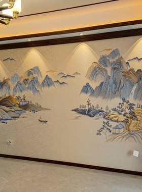 彩金线独绣新中式山水客厅沙发电视背景墙布悠然山居刺绣无缝墙布