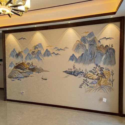 彩金线独绣新中式山水客厅沙发电视背景墙布悠然山居刺绣无缝墙布