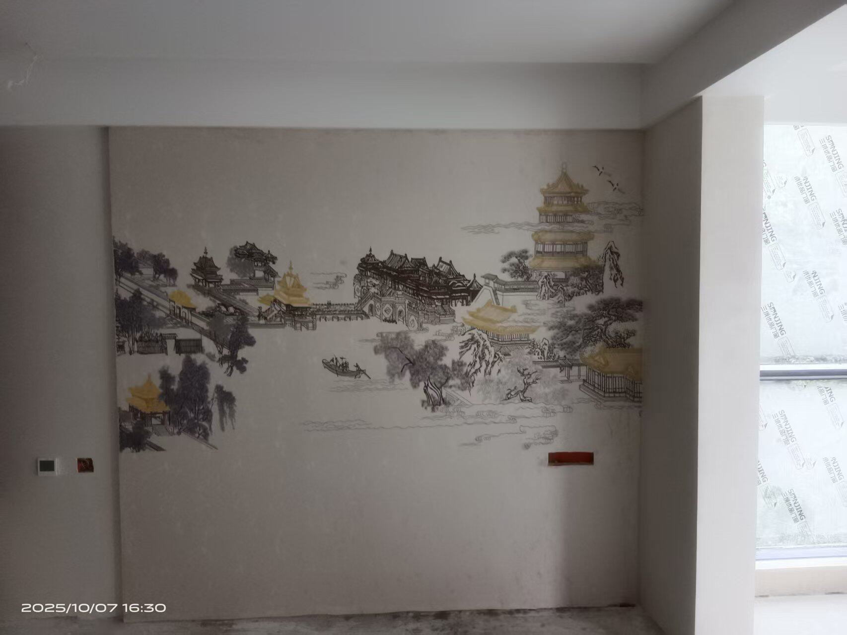 彩金线楼阁金独绣墙布客厅独秀山水客厅电视背景墙床头刺绣壁布