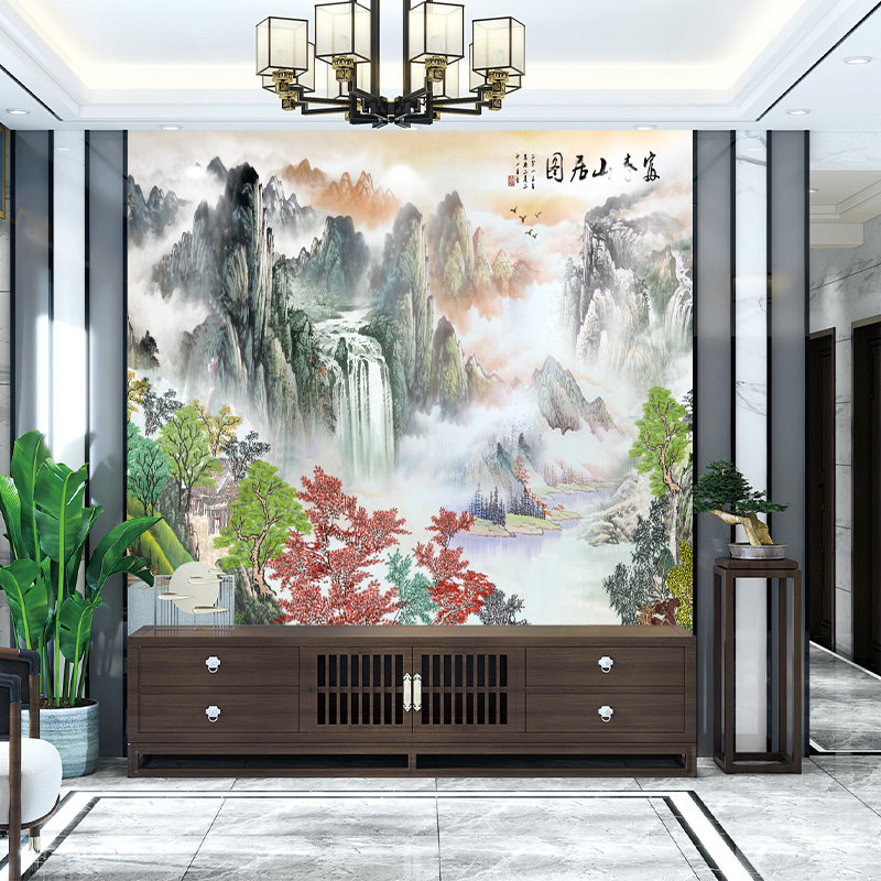 独绣刺绣无缝壁布印加绣山水画富春山居图客厅沙发背景墙布新中式