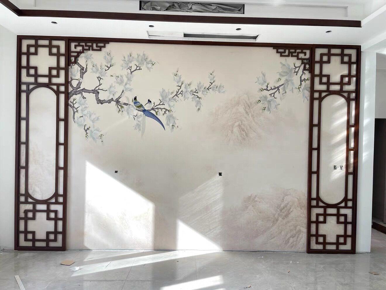 言绣客厅刺绣新中式印加绣壁布
