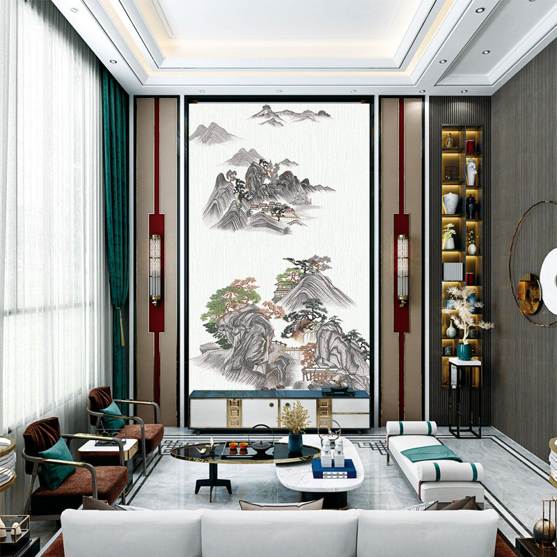 独绣刺绣无缝壁布挑高山水画山峰之巅客厅电视沙发背景墙布新中式
