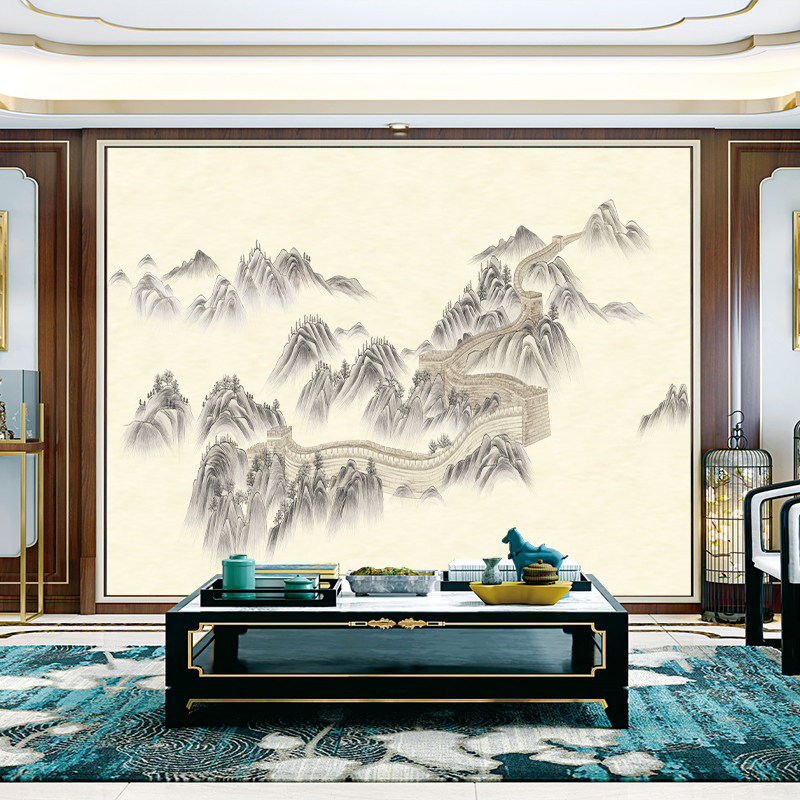 独绣刺绣无缝壁布山水长城客厅电视沙发背景墙独秀布新中式